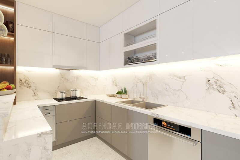 Hệ thống tủ bếp màu trắng, phân tách nhiều ngăn lớn nhỏ đáp ứng nhu cầu sắp xếp đồ nội thất tủ bếp chung cư