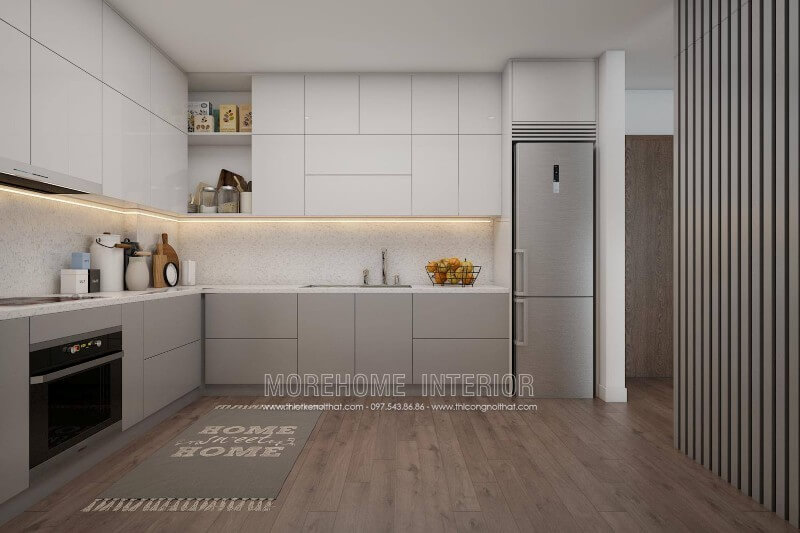 Hệ thống tủ bếp trên, tủ bếp dưới thiết kế hiện đại, mang đến khu vực chứa đồ tiện nghi tủ bếp chung cư