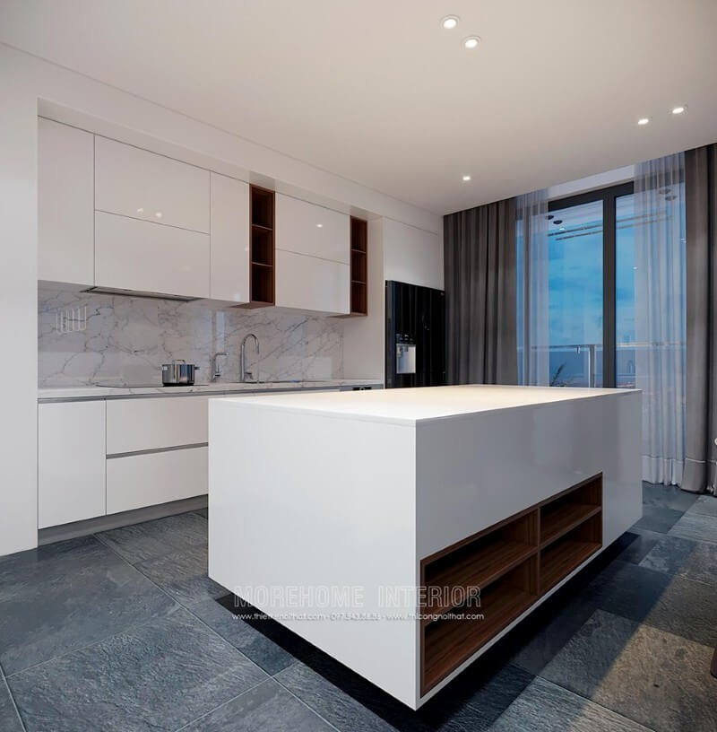 Tủ bếp gỗ công nghiệp được thiết kế thông minh với ngăn tủ phân chia hợp lí tạo cho gia chủ thuận tiện hơn trong quá trình nấu nướng và sử dụng tủ bếp chung cư