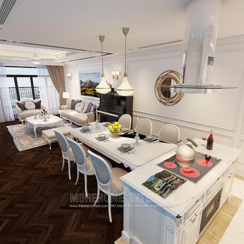 Tủ bếp gỗ tự nhiên được thiết kế tân cổ điển linh hoạt, hài hòa, từng đường nét chạm khắc tinh tế, tỉ mỉ, đã thành công tạo nên một không gian nội trợ đầy sang trọng và tiện nghi Thiết kế phòng bếp, tủ bếp đẹp