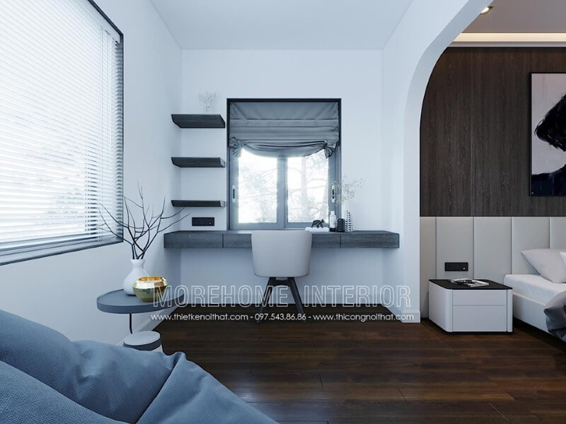 Kệ trang trí ốp tường đơn giản nhưng khá tiện nghi trong phòng ngủ có góc học tập. Thiết kế phòng ngủ biệt thự