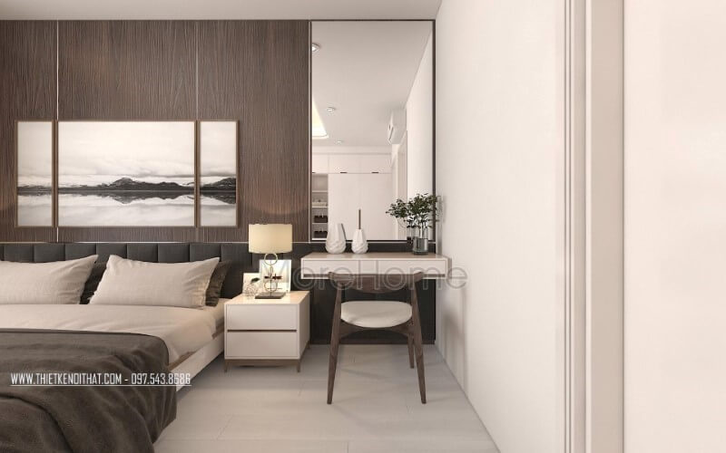 Bàn trang điểm kết hợp gương trang trí ốp tường hình chữ nhật tạo không gian phòng ngủ đơn giản nhưng hiện đại, đẹp, sang trọng. Thiết kế phòng ngủ biệt thự