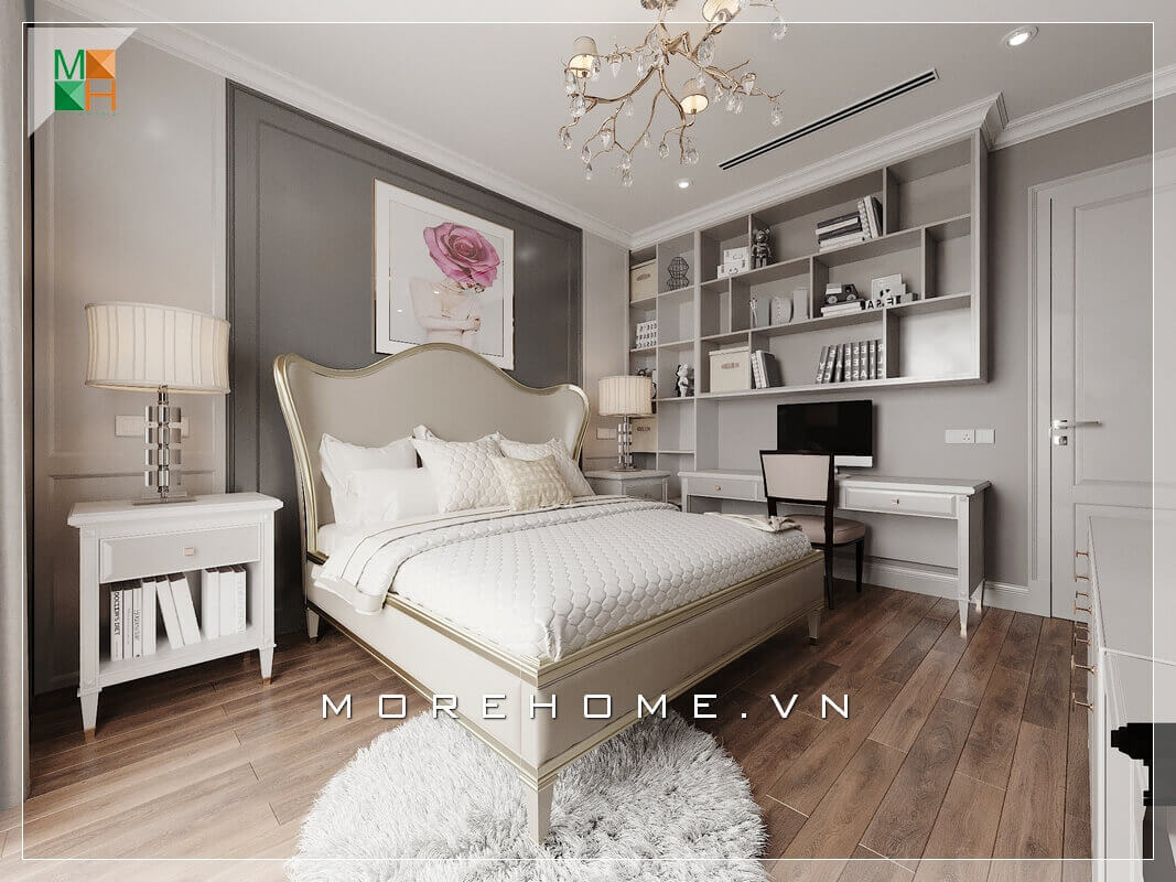 Mẫu phòng ngủ mang phong cách tân đổ điển, thiết kế màu trắng nâu chủ đạo. Tone màu trung tính thường mang lại cảm giác dễ chịu và thoải mái cho gia chủ. Thiết kế phòng ngủ biệt thự