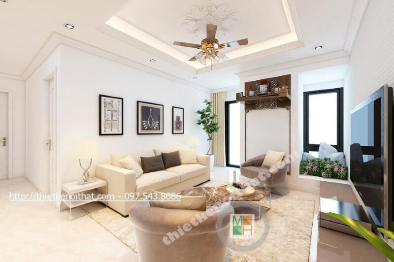 Bàn thờ treo tường được đặt ở khu vực trang trọng của gia đình mang đến một không gian thờ cúng tâm linh nghiêm trang mà thành kính Mẫu nội thất chung cư