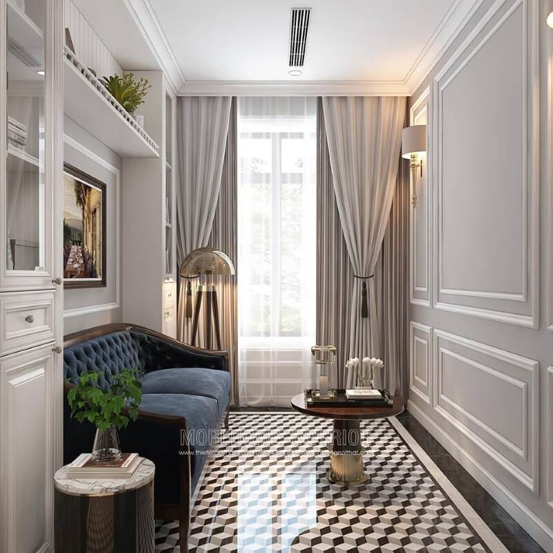 Gạch lát nền giả cổ tạo nét đẹp độc đáo sang trọng cho phòng đọc sách tân cổ điển. Mẫu nội thất chung cư