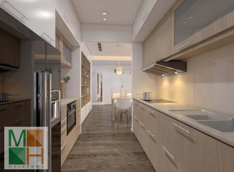 Với diện tích căn bếp nhỏ không còn là nỗi lo nếu chúng ta biết cách bố trí nội thất hợp lí và sử dụng hệ tủ bếp đa chức năng sát tường giúp tiết kiệm diện tích không gian tủ bếp chung cư