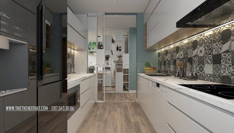Căn hộ sở hữu diện tích tương đối nhỏ, thiết kế bếp âm tường tiết kiệm diện tích, đồ nội thất đa năng đáp ứng nhu cầu người nội trợ.