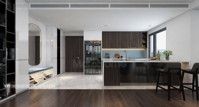 Liên thông với không gian phòng khách là không gian phòng bếp thiết kế ấn tượng