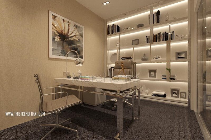 Thiết kế văn phòng giám đốc hiện đại, kiến trúc sư sử dụng kệ âm tường với chất liệu nhôm kính cao cấp vừa tăng khả năng lưu trữ đồ decor trang trí mảng tường vừa khiến tạo cảm giác không gian như rộng hơn thực tế.