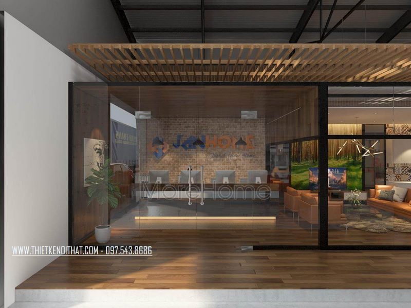Mẫu thiết kế văn phòng showroom hiện đại, nhỏ nhắn được cách điệu bằng bức tường gạch tạo điểm nhấn nổi bật cho căn phòng