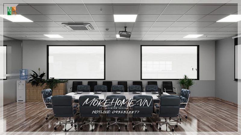 Bộ bàn ghế văn phòng được đặt vị trí chính giữa giúp không gian phòng họp trở nên đẹp và ân tượng hơn.