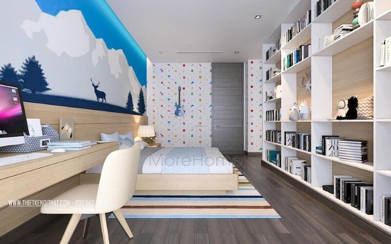 Thiết kế nội thất phòng ngủ con trai đẹp, sinh động với tranh, giấy dán tường bắt mắt.