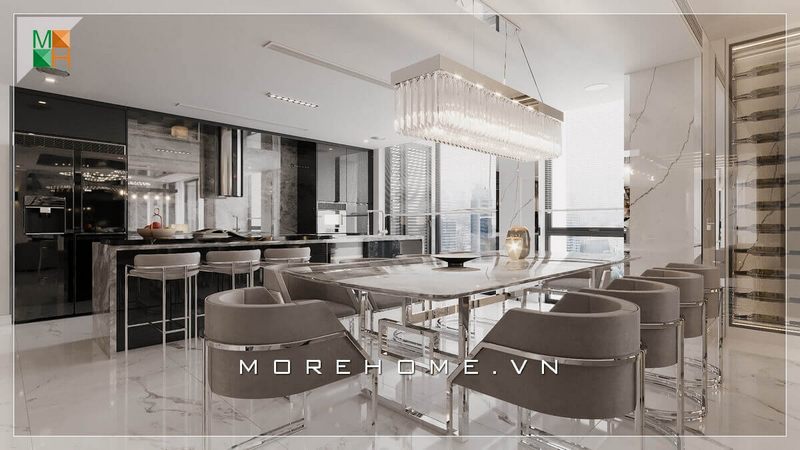 Mẫu bàn ăn 8 ghế chân sắt tinh tính và sang trọng góp phần làm cho căn phòng ăn trở nên cao cấp hơn so với bình thường.